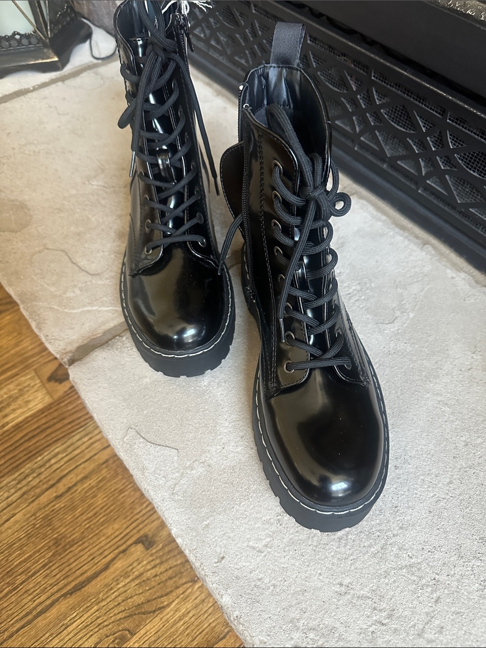 Sincerly Jules Black Patent Lace-Up Combat Boots. BRAND NEW